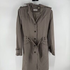 Ben Sherman Trench Coat Womens Small Brown Houndstooth Wool‎ Belted Waist Hooded